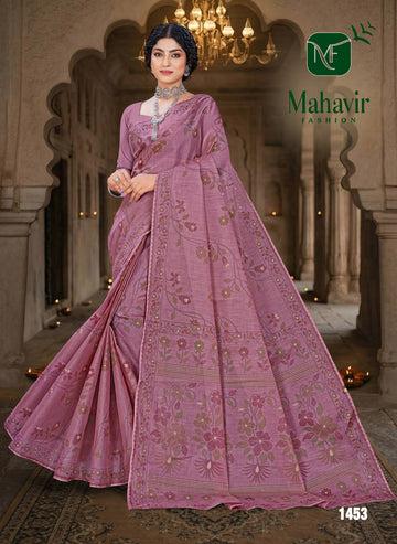 Pink Green Pure Cotton Malmal Saree