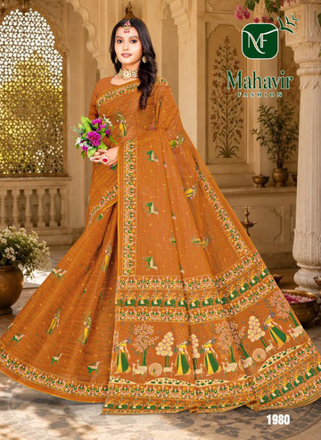 Mustard Pure Cotton Malmal Bandhani saree