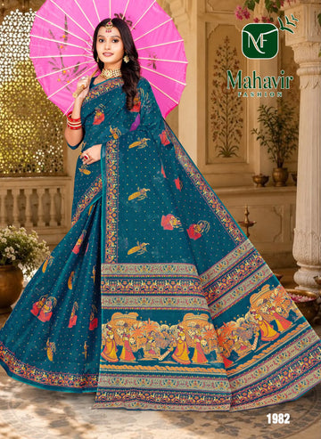Blue Pure Cotton Malmal Bandhani saree
