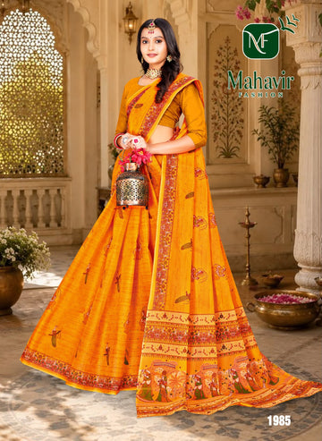Yellow Pure Cotton Malmal Bandhani saree