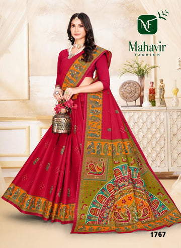 Red Pure Cotton Malmal Mithila Print Bandhani Saree
