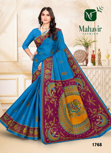 Royal Blue Pure Cotton Malmal Mithila Print Bandhani Saree