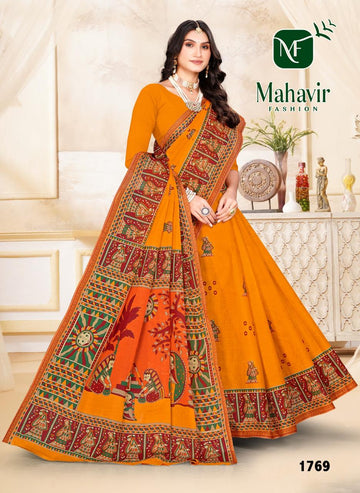 Yellow Pure Cotton Malmal Mithila Print Bandhani Saree