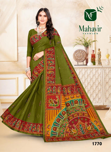 Mahendi Pure Cotton Malmal Mithila Print Bandhani Saree