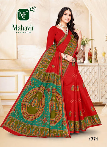 Red Pure Cotton Malmal Mithila Print Bandhani Saree