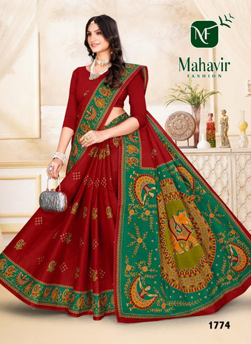 Maroon Pure Cotton Malmal Mithila Print Bandhani Saree