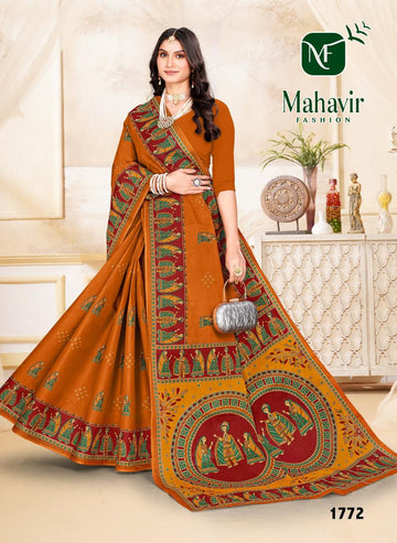 Mustard Pure Cotton Malmal Mithila Print Bandhani Saree