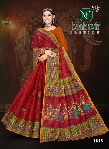 Red Pure Cotton Malmal Chokda Saree with Raaslila Print