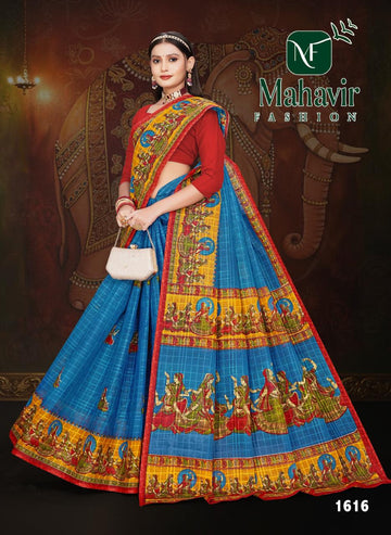 Royal Blue Pure Cotton Malmal Chokda Saree with Raaslila Print