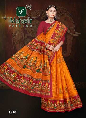 Yellow Pure Cotton Malmal Chokda Saree with Raaslila Print