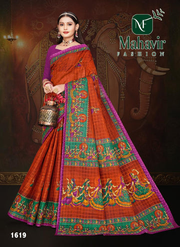 Rust Pure Cotton Malmal Chokda Saree with Raaslila Print